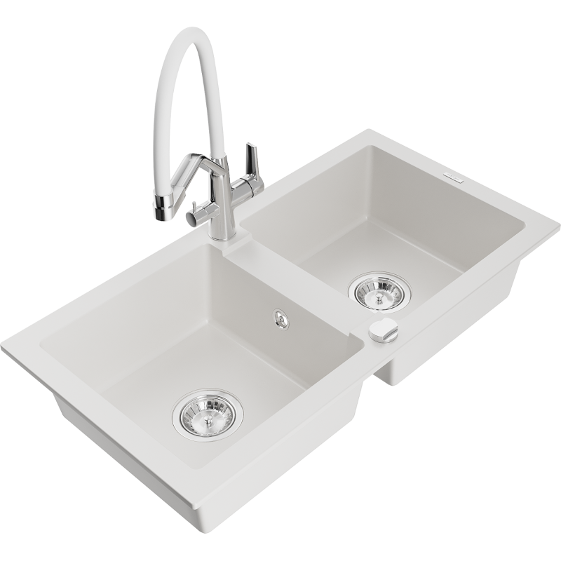 Mexen Mario granite sink 2-bowl with Duo kitchen tap, white - 6504-20-671701-02