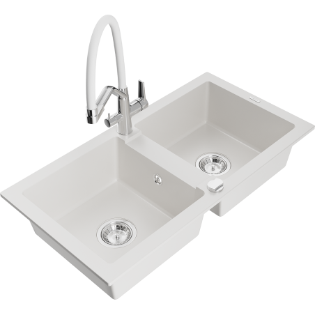Mexen Mario granite sink 2-bowl with Duo kitchen tap, white - 6504-20-671701-02