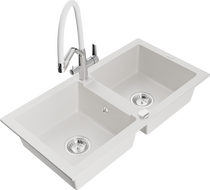 Mexen Mario granite kitchen sink 2-bowl with Duo kitchen faucet, white - 6504-20-671701-02