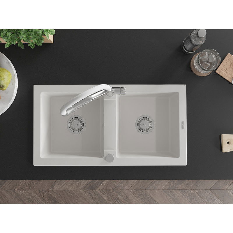 Mexen Mario granite sink 2-bowl with Duo kitchen tap, white - 6504-20-671701-02