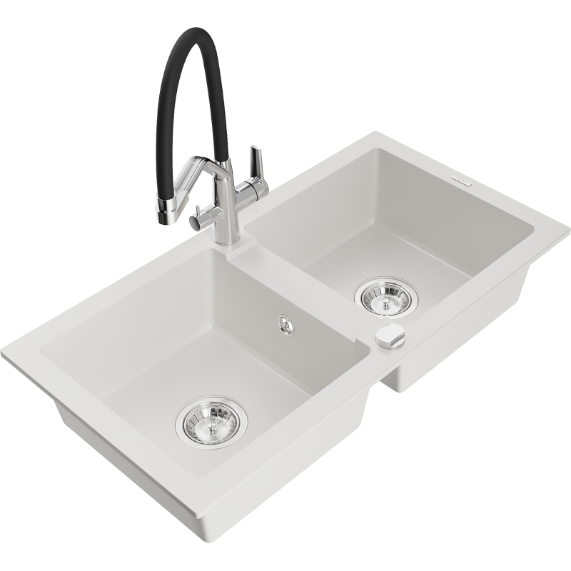Mexen Mario 2-bowl granite kitchen sink with Duo tap, white - 6504-20-671701-07