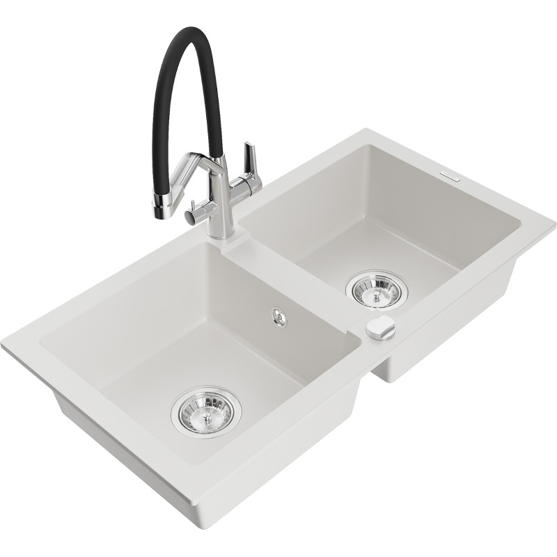 Mexen Mario fregadero de granito de 2 compartimentos con grifo de cocina Duo, blanco - 6504-20-671701-07