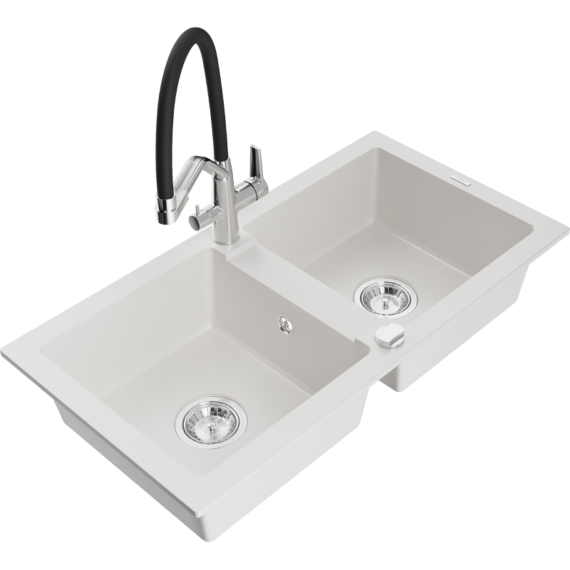 Mexen Mario lava-loiça de granito de 2 cubas com torneira de cozinha Duo, branco - 6504-20-671701-07