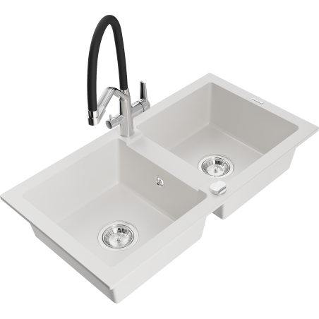 Mexen Mario 2-bowl granite kitchen sink with Duo tap, white - 6504-20-671701-07