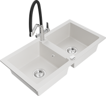Mexen Mario granite double-bowl sink with Duo kitchen faucet, white - 6504-20-671701-07