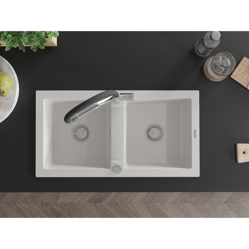 Mexen Mario granitno pomivalno korito z dvema komorama z Duo kuhinjsko pipo, belo - 6504-20-671701-07