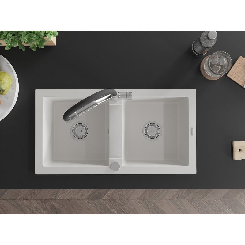 Mexen Mario Granitspüle 2-Kammer mit Küchenarmatur Duo, weiß - 6504-20-671701-07