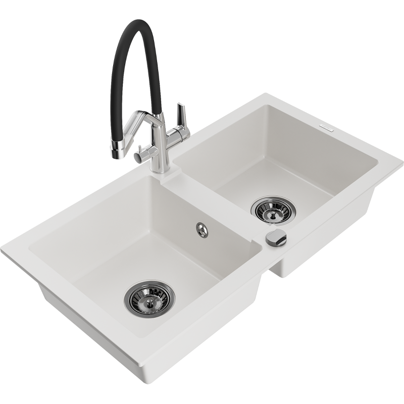 Mexen Mario 2-bowl granite sink with Duo kitchen tap, white - 6504-20-671701-07-B