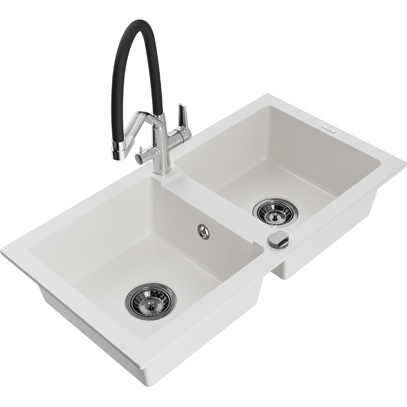 Mexen Mario fregadero de granito de 2 compartimentos con grifo de cocina Duo, blanco - 6504-20-671701-07-B