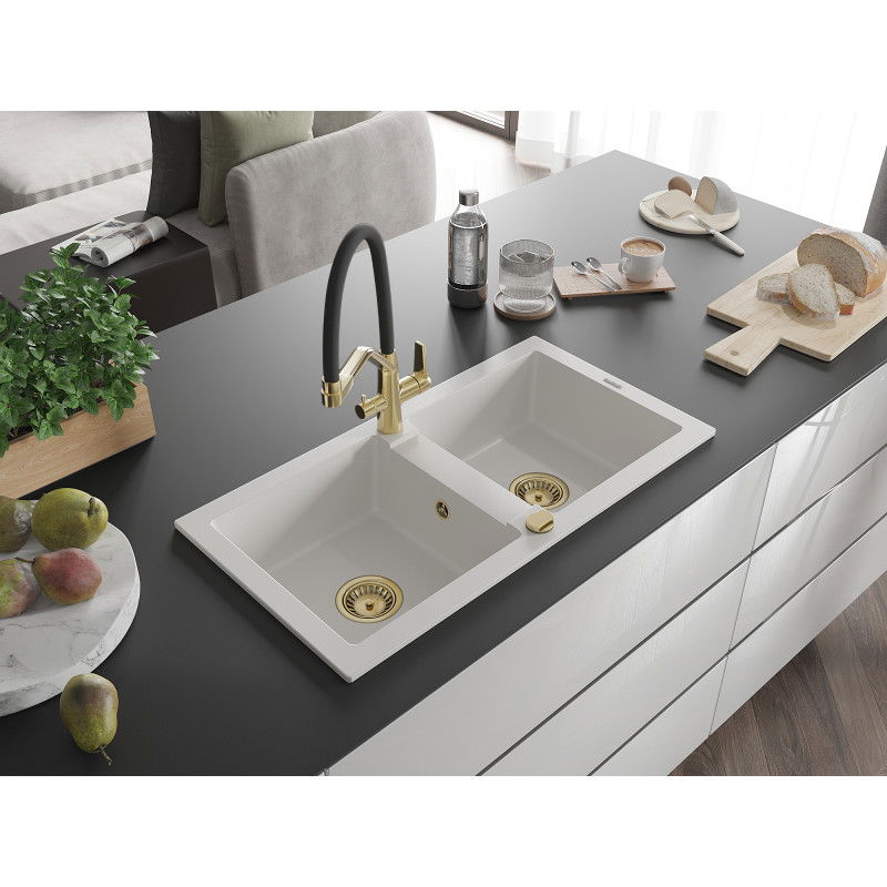 Mexen Mario granite double-bowl sink with Duo kitchen tap, white - 6504-20-671701-57-G