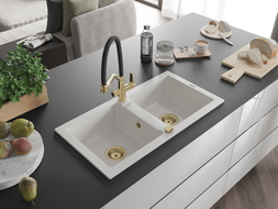 Mexen Mario fregadero de granito de 2 compartimentos con grifo de cocina Duo, blanco - 6504-20-671701-57-G