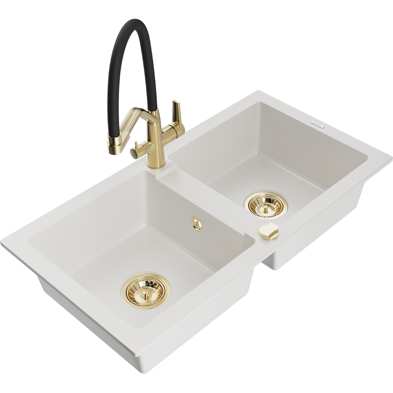 Mexen Mario fregadero de granito de 2 compartimentos con grifo de cocina Duo, blanco - 6504-20-671701-57-G