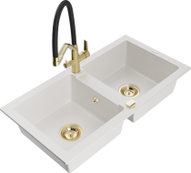 Mexen Mario fregadero de granito de 2 compartimentos con grifo de cocina Duo, blanco - 6504-20-671701-57-G