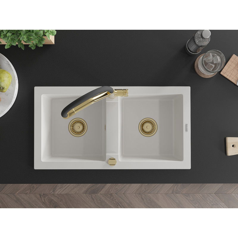Mexen Mario fregadero de granito de 2 compartimentos con grifo de cocina Duo, blanco - 6504-20-671701-57-G