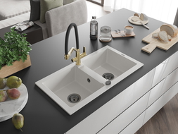 Mexen Mario lava-louça de granito de 2 cubas com torneira de cozinha Duo, branco - 6504-20-671701-57-B