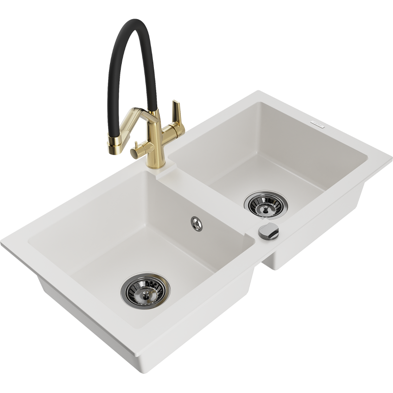 Mexen Mario 2-bowl granite kitchen sink with Duo tap, white - 6504-20-671701-57-B