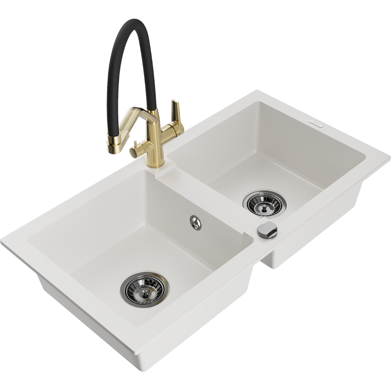 Mexen Mario lava-louça de granito de 2 cubas com torneira de cozinha Duo, branco - 6504-20-671701-57-B