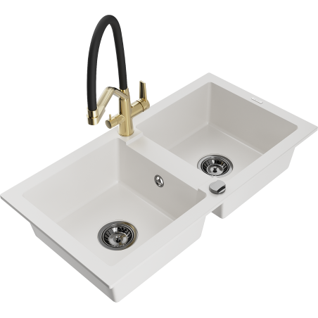 Mexen Mario 2-bowl granite kitchen sink with Duo tap, white - 6504-20-671701-57-B