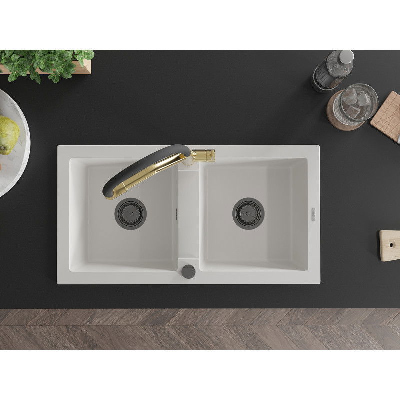 Mexen Mario 2-prekatni granitni pomivalnik z Duo kuhinjsko pipo, bel - 6504-20-671701-57-B