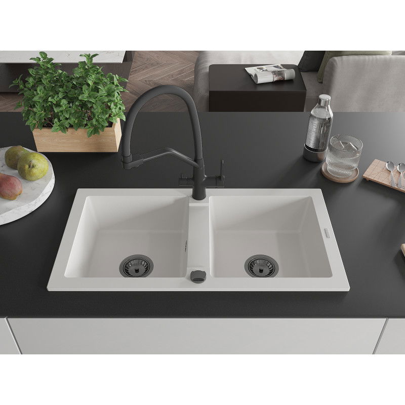 Mexen Mario 2-basin granite sink with Duo kitchen tap, white - 6504-20-671701-70-B