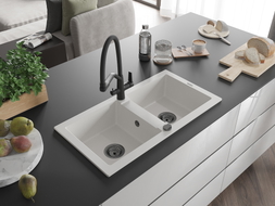 Mexen Mario 2-bowl granite kitchen sink with Duo faucet, white - 6504-20-671701-70-B