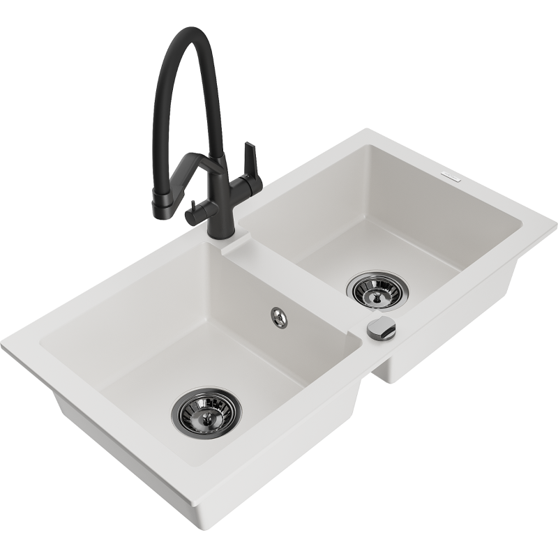 Mexen Mario lava-loiça de granito de 2 cubas com torneira de cozinha Duo, branco - 6504-20-671701-70-B