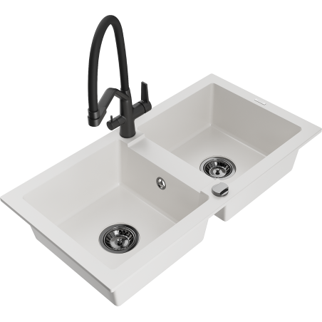 Mexen Mario 2-basin granite sink with Duo kitchen tap, white - 6504-20-671701-70-B