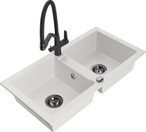 Mexen Mario 2-basin granite sink with Duo kitchen tap, white - 6504-20-671701-70-B