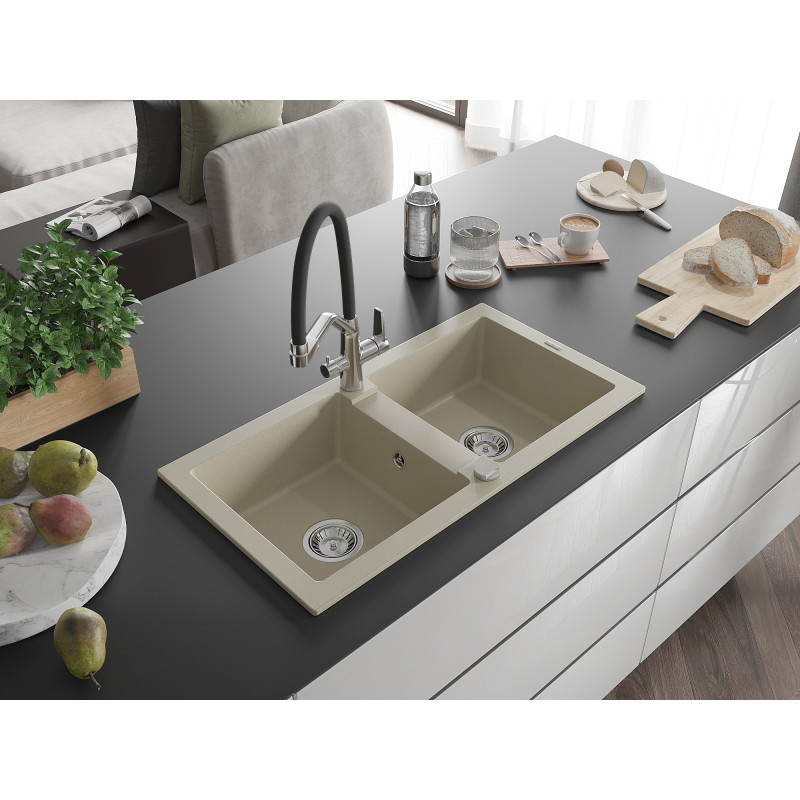 Mexen Mario 2-kamerige granieten spoelbak met Duo keukenkraan, beige - 6504-69-671701-07