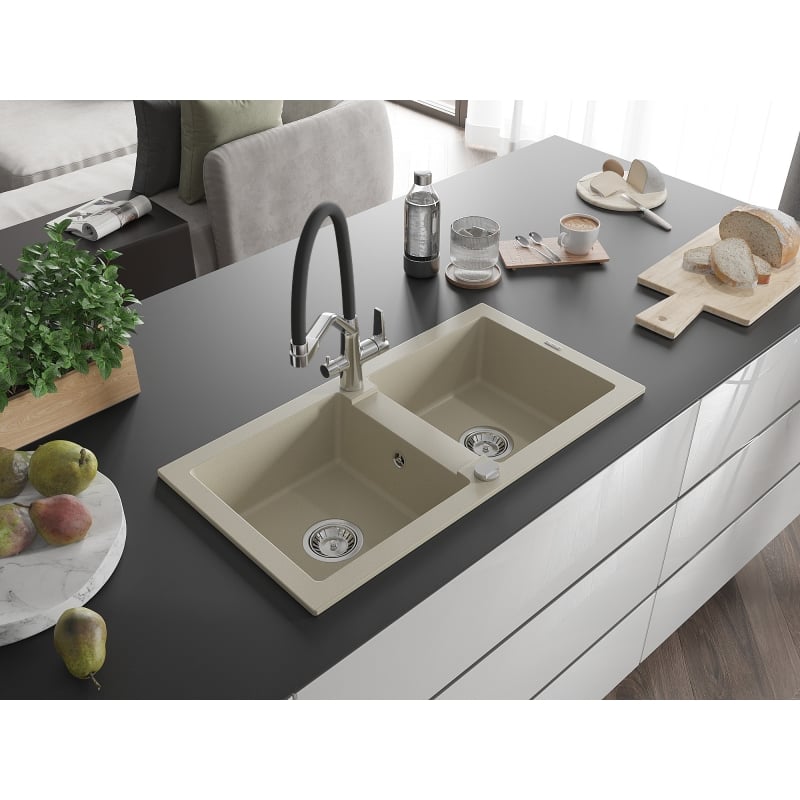 Mexen Mario 2-Kammer-GranitsSpülbecken mit Küchenarmatur Duo, beige - 6504-69-671701-07