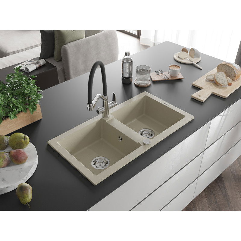 Mexen Mario lavello in granito a 2 vasche con miscelatore da cucina Duo, beige - 6504-69-671701-07