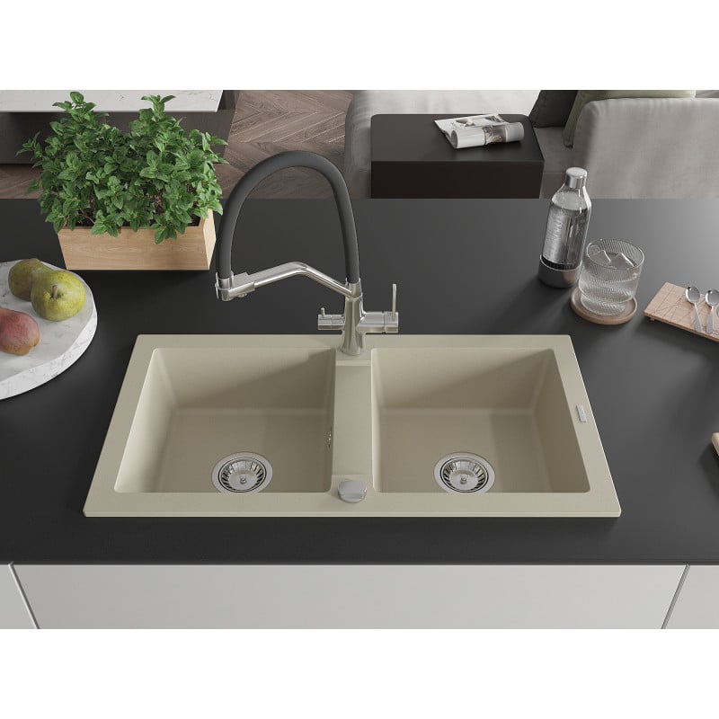 Mexen Mario granite kitchen sink 2-bowl with Duo kitchen tap, beige - 6504-69-671701-07