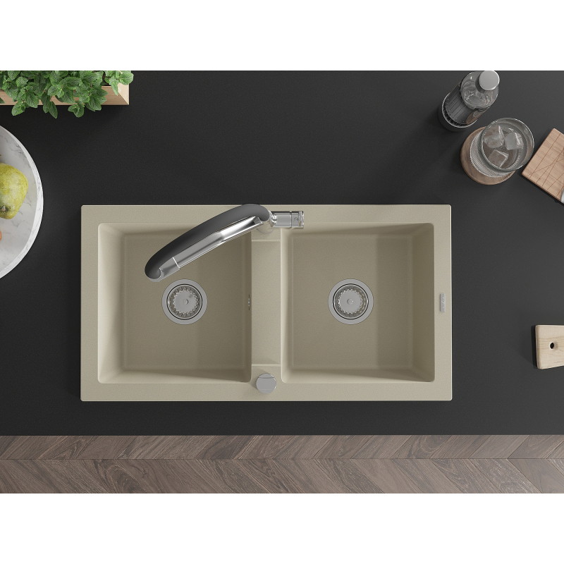 Mexen Mario fregadero de granito de 2 compartimentos con grifo de cocina Duo, beige - 6504-69-671701-07