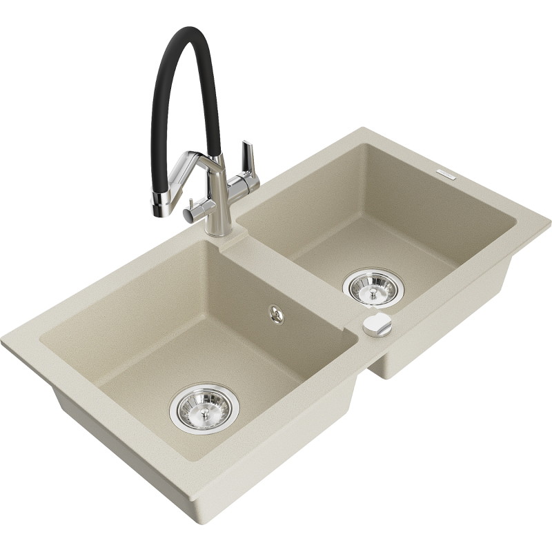 Mexen Mario fregadero de granito de 2 compartimentos con grifo de cocina Duo, beige - 6504-69-671701-07