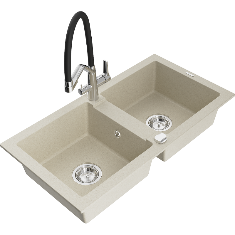 Mexen Mario fregadero de granito de 2 senos con grifo de cocina Duo, beige - 6504-69-671701-07