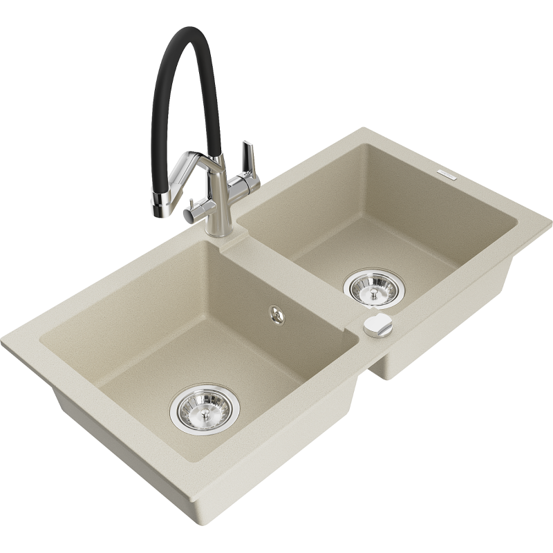 Mexen Mario granite kitchen sink 2-bowl with Duo kitchen tap, beige - 6504-69-671701-07
