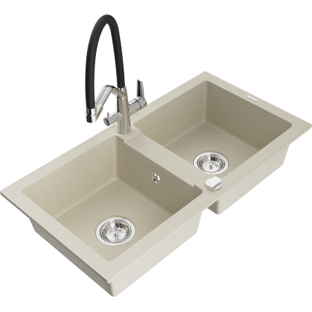 Mexen Mario granite kitchen sink 2-bowl with Duo kitchen tap, beige - 6504-69-671701-07