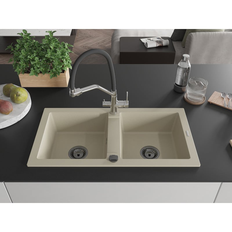 Mexen Mario granite sink 2-chamber with Duo kitchen tap, beige - 6504-69-671701-07-B