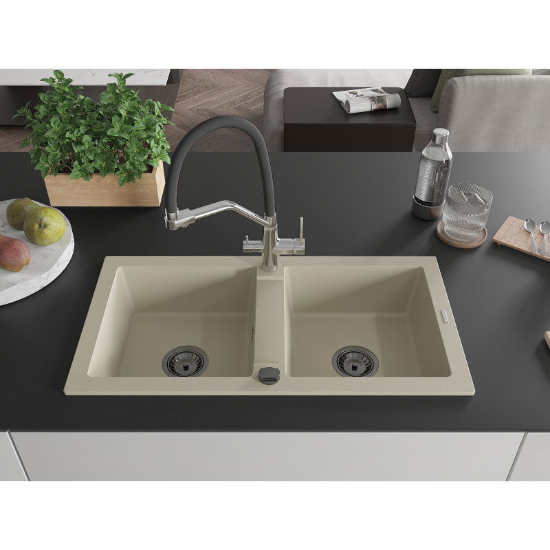 Mexen Mario lavello in granito a 2 vasche con miscelatore da cucina Duo, beige - 6504-69-671701-07-B