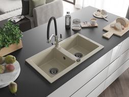 Mexen Mario lavello in granito a 2 vasche con miscelatore da cucina Duo, beige - 6504-69-671701-07-B