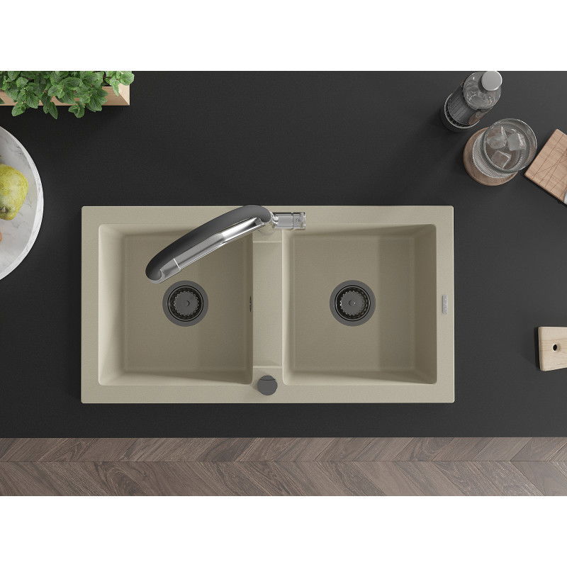 Mexen Mario fregadero de granito de 2 compartimentos con grifo de cocina Duo, beige - 6504-69-671701-07-B