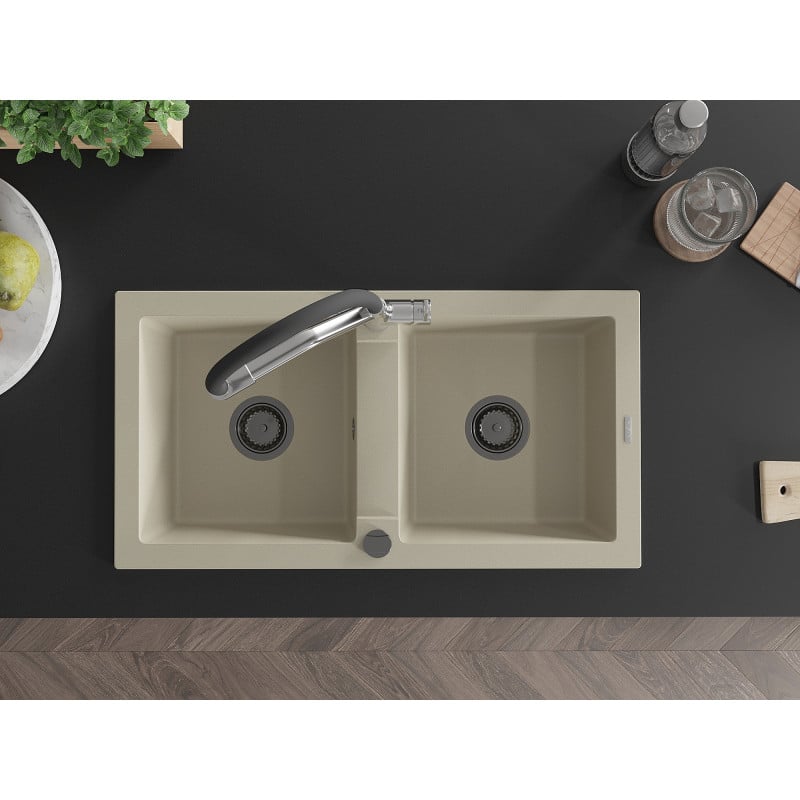 Mexen Mario lava-loiça de granito de 2 câmaras com torneira de cozinha Duo, bege - 6504-69-671701-07-B