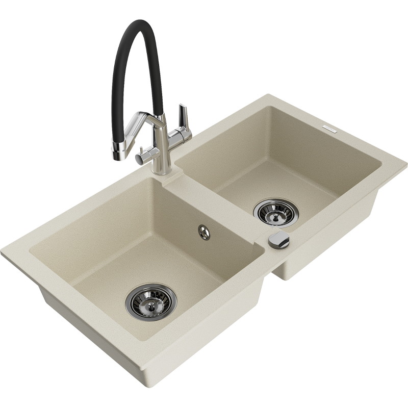 Mexen Mario Granit-Spüle 2-Kammer mit Küchenarmatur Duo, beige - 6504-69-671701-07-B