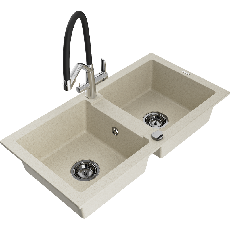 Mexen Mario granitdiskbänk med 2 kammare och köksblandare Duo, beige - 6504-69-671701-07-B