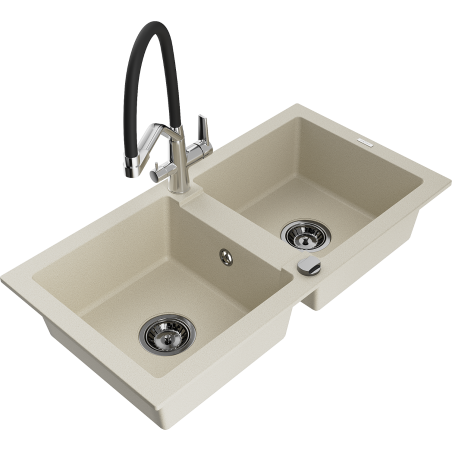 Mexen Mario Granit-Spüle 2-Kammer mit Küchenarmatur Duo, beige - 6504-69-671701-07-B