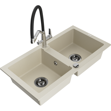 Mexen Mario granīta izlietne ar divām kamerām un virtuves jaucējkrānu Duo, bēša - 6504-69-671701-07-B