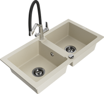Mexen Mario fregadero de granito de 2 compartimentos con grifo de cocina Duo, beige - 6504-69-671701-07-B