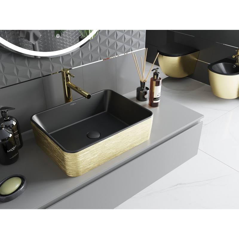 Mexen Catia Lavabo à poser 48 x 37 cm, noir mat/or motif lignes - 21314877