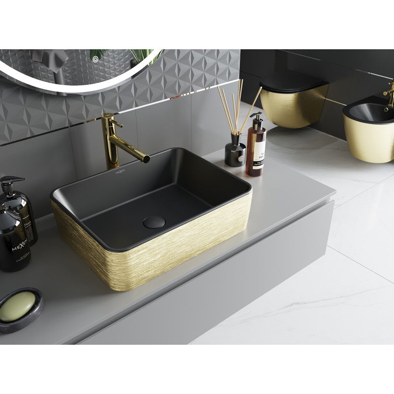 Mexen Catia lavabo de bancada 48 x 37 cm, preto mate/dourado padrão linhas - 21314877