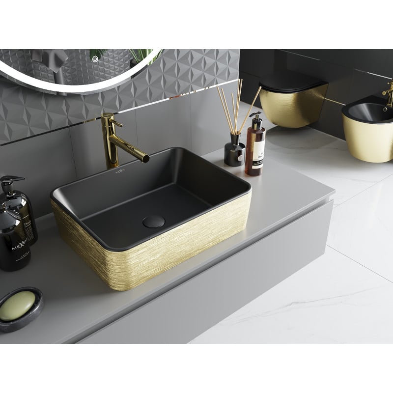 Mexen Catia lavabo de sobreencimera 48 x 37 cm, negro mate/líneas doradas - 21314877